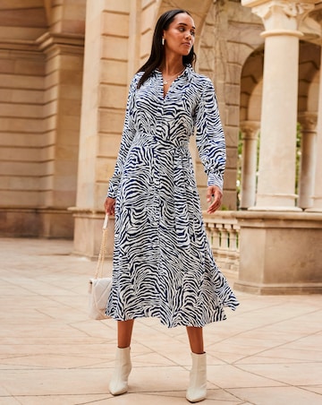 Sosandar Blue & White Zebra Print Midi Shirt Dress