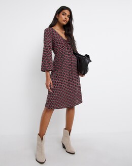 Geo Print Ruched Tie Neck A-Line Dress