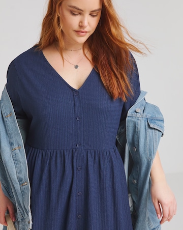 Navy Waffle Button up Midi Dress With Pockets