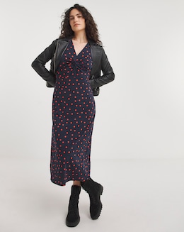 Jersey Twist Knot V-Neck Midi Tea Dress