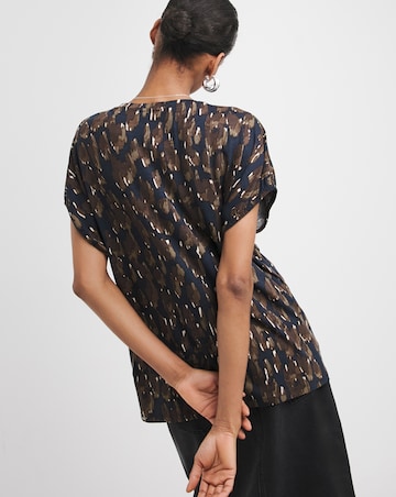 Print Bubble Sleeve Crew Neck Top