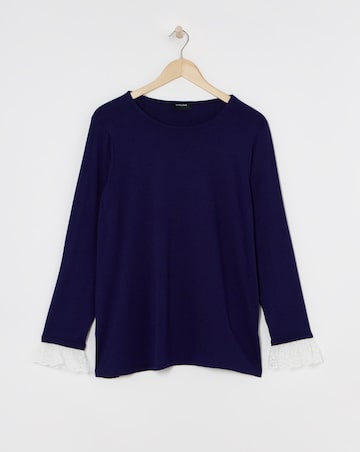 Navy Broderie Cuff Detail Long Sleeve Top