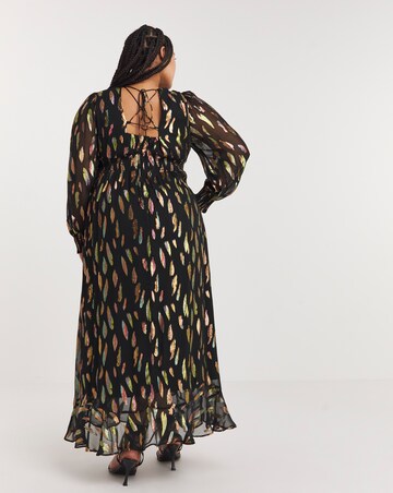 Plunge Neckline Rainbow Foil Jacquard Midi Dress