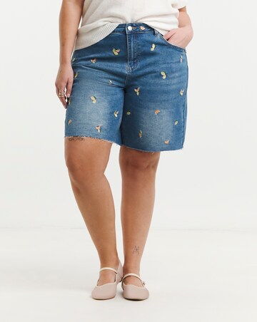 Mid Blue Fruit Embroidered Denim Bermuda Short