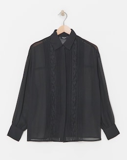 Lace Trim Chiffon Shirt - Black