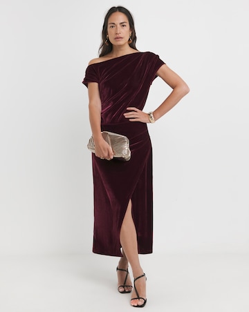 Velvet Asymmetric Neckline Midi Dress