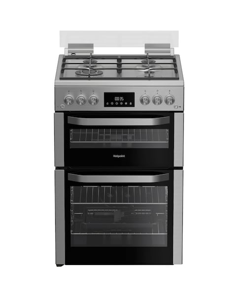 Hotpoint HDG6GDCWX 60cm Gas Double Cooker with Glass Lid - Stainless Steel