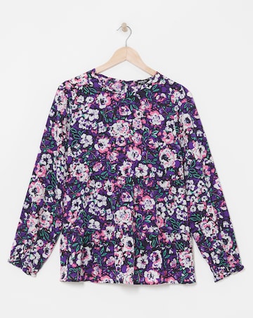Black Floral Print Longline Long Sleeve Smock Blouse With Matching Scrunchie
