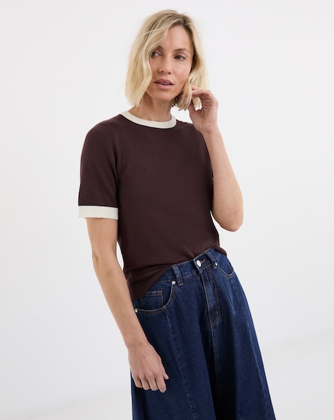 Fine Knit Chocolate Contrast Tipping Knitted T-Shirt