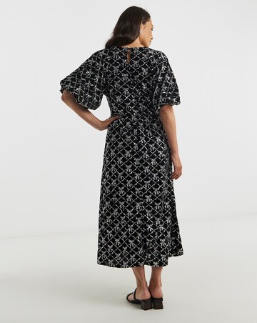 Sequin Bow Velvet Bubble Sleeve Dress