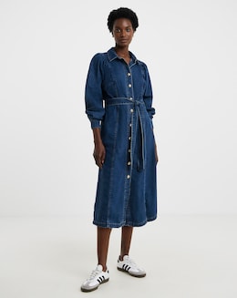 Pure Cotton Mid Blue Volume Sleeve Denim Midi Dress