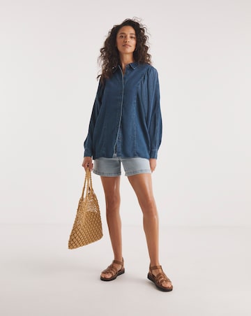 Dark Blue Volume Sleeve Soft Lyocell Denim Blouse