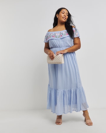 Blue Embroidered Tiered Bardot Maxi Dress