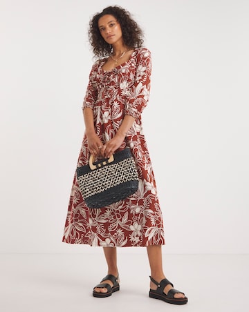 Linen Mixed Sundress With Puff Sleeves