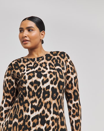 Leopard Print Textured Waffle Jersey Midi Dress