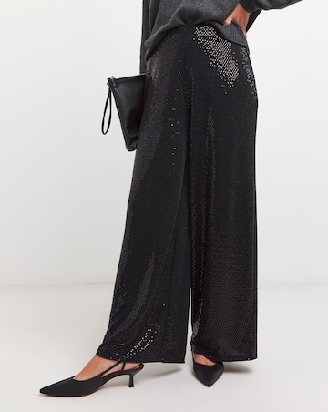 Black Sequin Stretch Pull On Palazzo Trousers