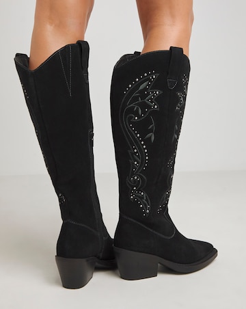 Venus Suede Embroidered Knee High Western Boots - Wide Fit (E) & Curvy Calf