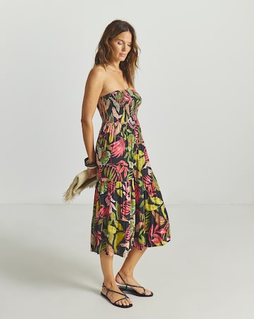 Tropical Print Shirred Bandeau Midi Beach Dress