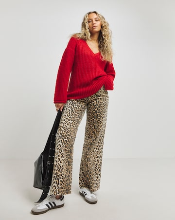 Red V Neck Mixed Knit Volume Sleeve Jumper