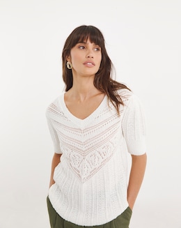 Ivory Crochet V Neck Short Sleeve Jumper