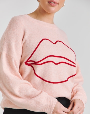 Pink Embroidered Lips Volume Sleeve Longline Jumper