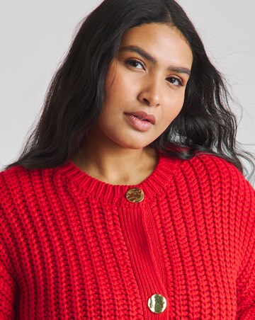 Red Chunky Knitted Crew Neck Cardigan