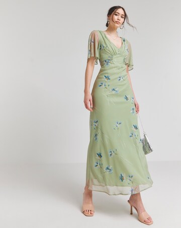 Hope & Ivy Melrose Green Floral Flutter Sleeve Maxi Dress