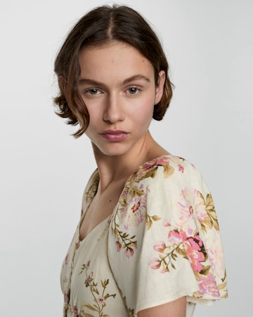 Mango Buttoned Floral Print Linen Blend Midi Dress