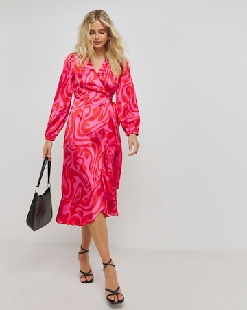 Pink And Red Swirl Print Satin Wrap Dress