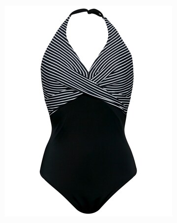 Figleaves Tailor Halter Twist Front Tummy Control Stripe Swimsuit Longer Length