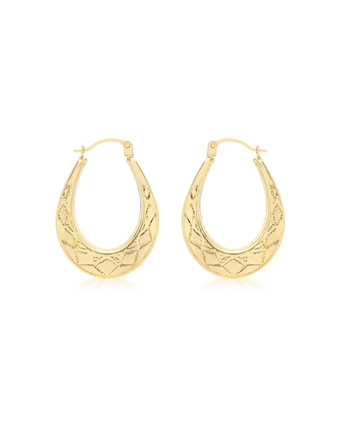 9ct Gold Patterned Oval Creole Earrings