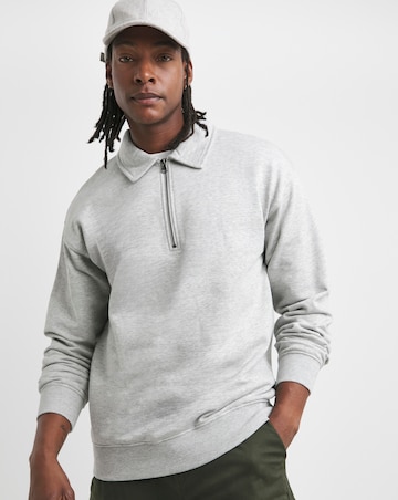 1/4 Zip Relaxed Fit Polo Sweatshirt- Grey Marl