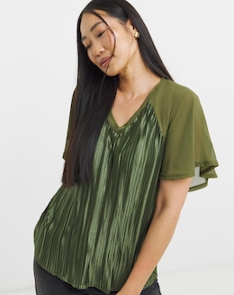 Khaki Pleated Angel Sleeve Longline Top