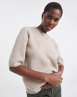 Cosy Yarn Oatmeal Ribbed Short Sleeve Jumper