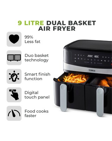 Tower 2x 4.5Litre 1600W Vortex Black Dual Basket Digital Air Fryer T17088