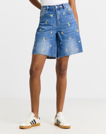 Mid Blue Fruit Embroidered Denim Bermuda Short