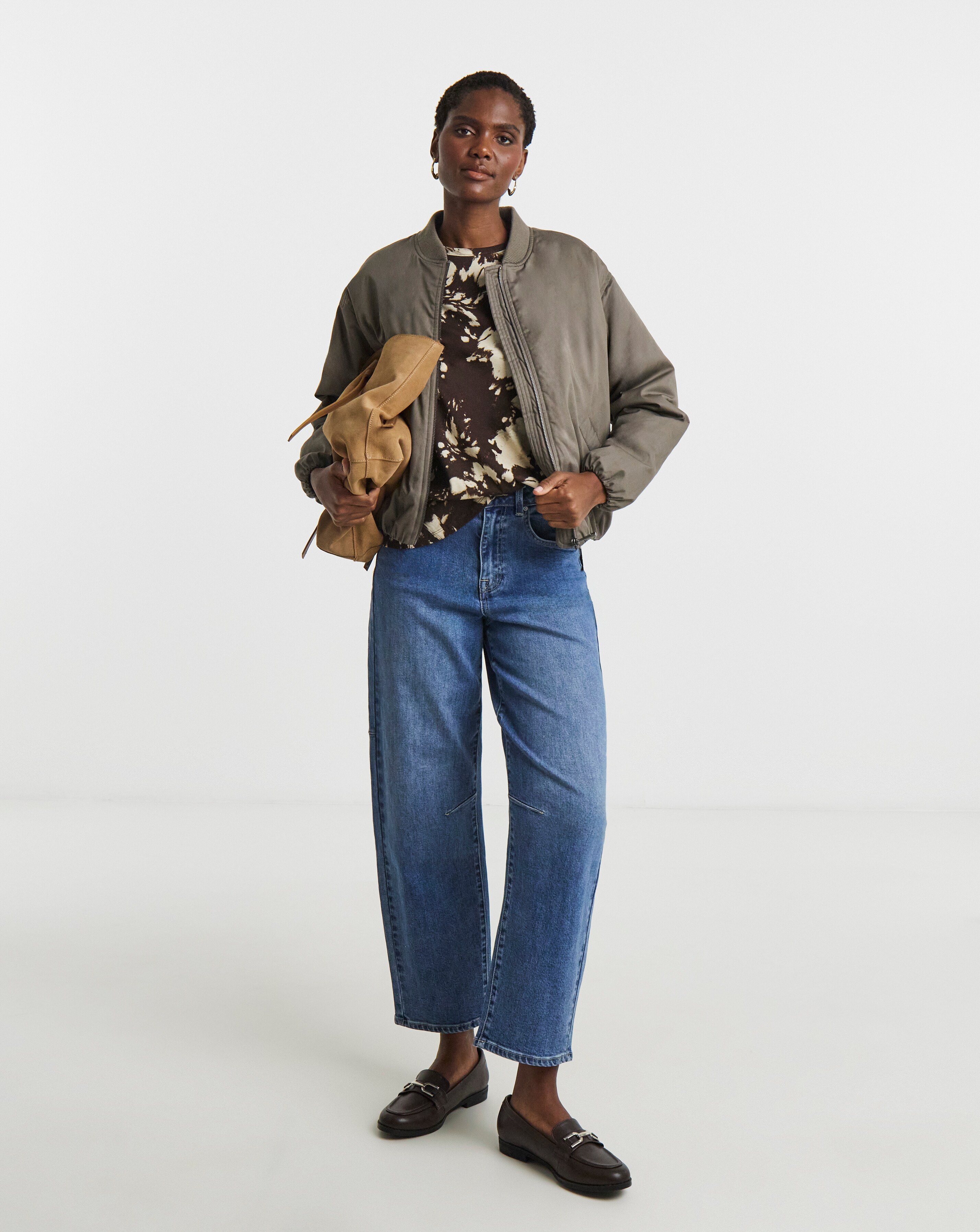 Brown Print Longline Curved Hem 3/4 Sleeve Top | Ambrose Wilson