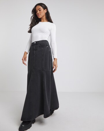 Washed Black Fishtail Denim Maxi Skirt