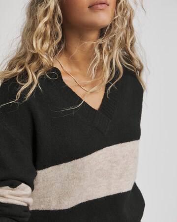Black And Oatmeal Stripe Slouchy V Neck Longline Jumper