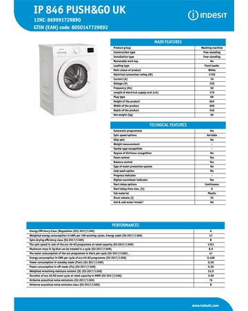 Indesit IP 846 Push & Go Washing Machine - White + Install