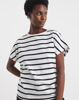 Pure Cotton Striped Button Shoulder T-Shirt