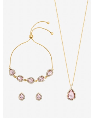 Jon Richard Gold Plated and Pink Pear Drop Trio Set - Gift Box
