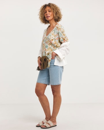 Multi Floral Short Sleeve Button Front Ladder Trim Crinkle Top