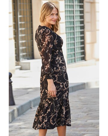 Sosandar Boroque Frill Hem Shirred Cuff Sleeve Wrap Dress