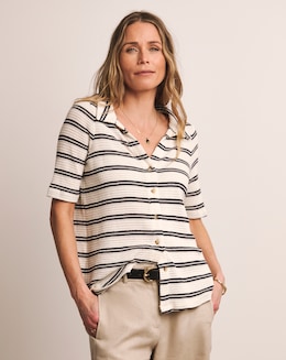 Anthology Collared Short Sleeve Button Front Crochet Top
