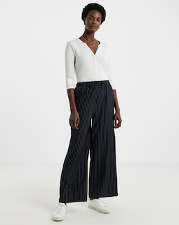 Soft Pull On Navy Pinstripe Wide Leg Trousers