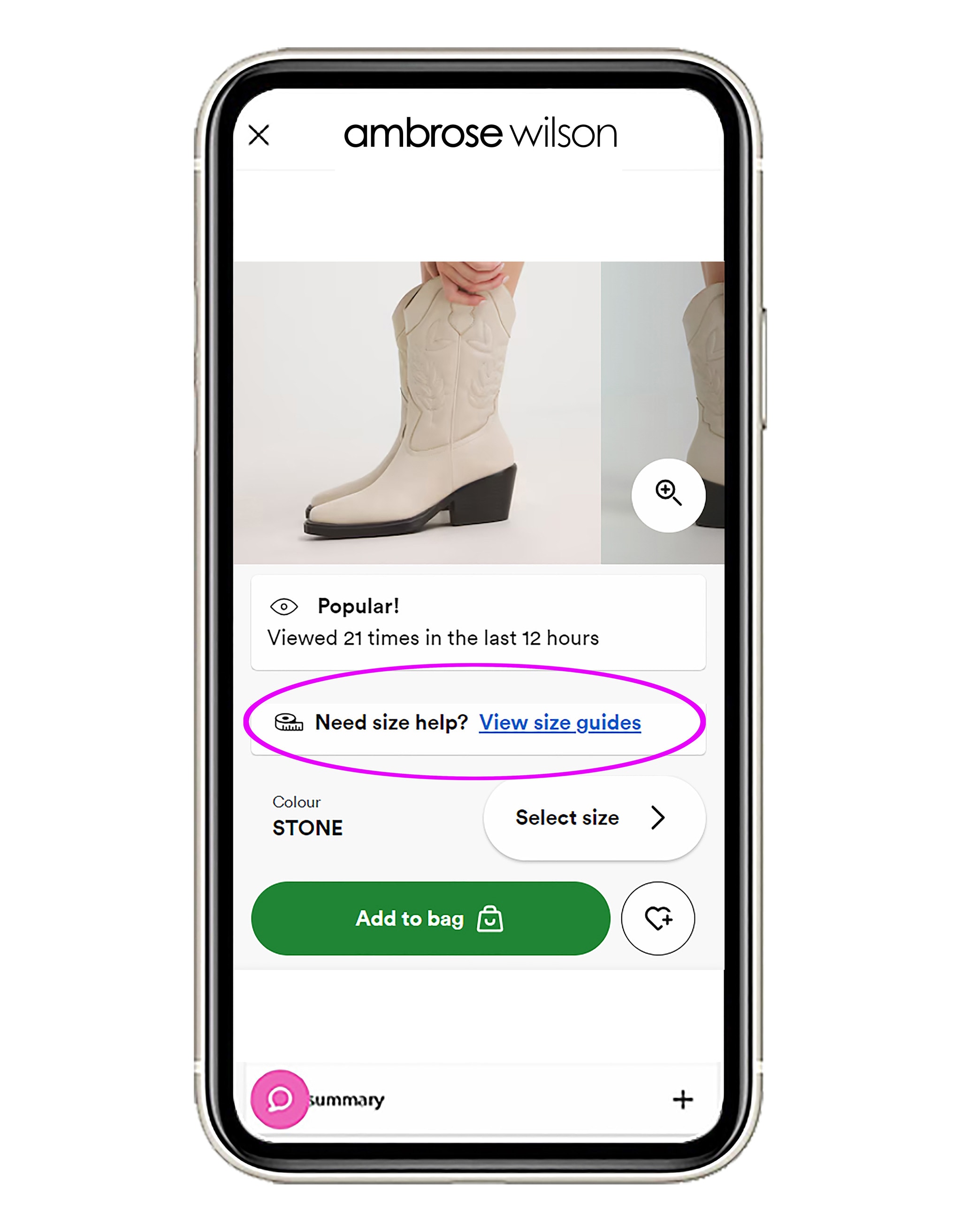 Screenshot of a product page, highlighting the “view size guides” link
