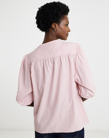 Check Collarless Button Through Blouse