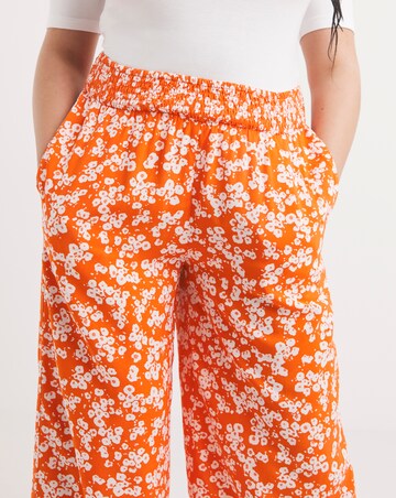 Orange Floral Print Lightweight Woven Shirred Waist Wide Leg Trouser
