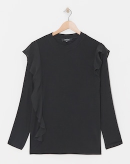 Black Crew Neck Chiffon Frill T-Shirt